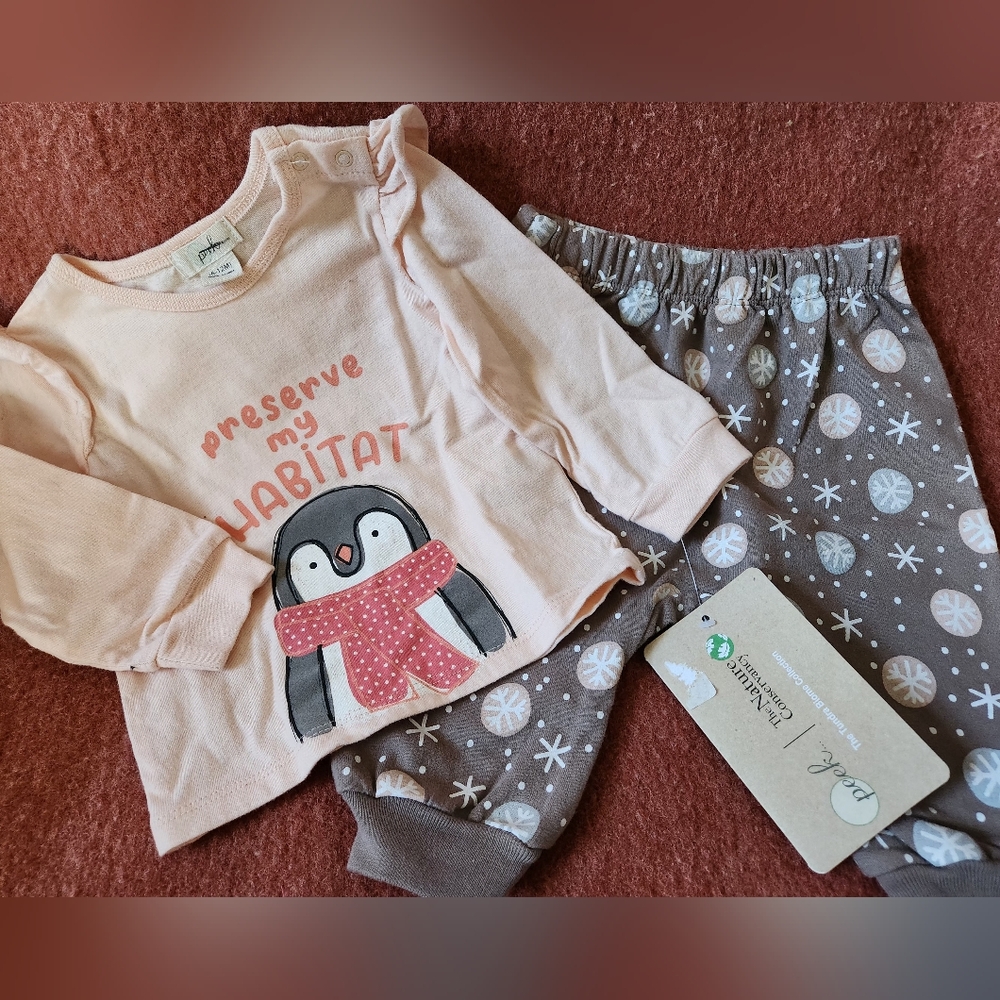 PEEK  Baby 100% Cotton 2 Piece  Set - Pink and Brown Penguin Design NWT